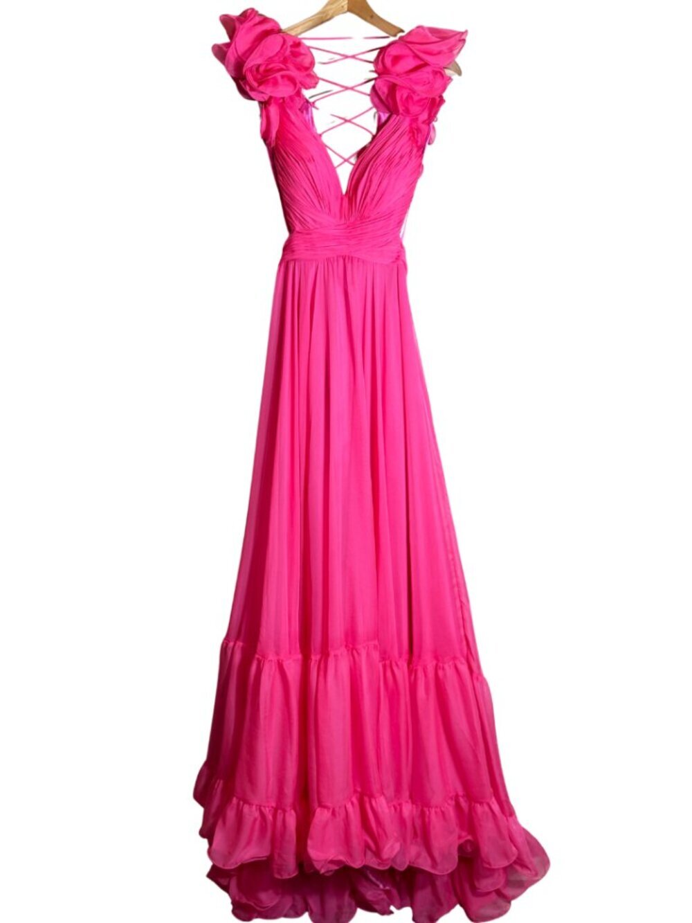 Mac Duggal Ruffle Tiered Cut-Out Chiffon Gown Womens 4 Hot Pink Formal 67911 NWT - Picture 6 of 16